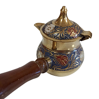Турка для кофе из латуни, 300 мл, с крышкой и деревянной ручкой, ручная роспись, синяя, Индия